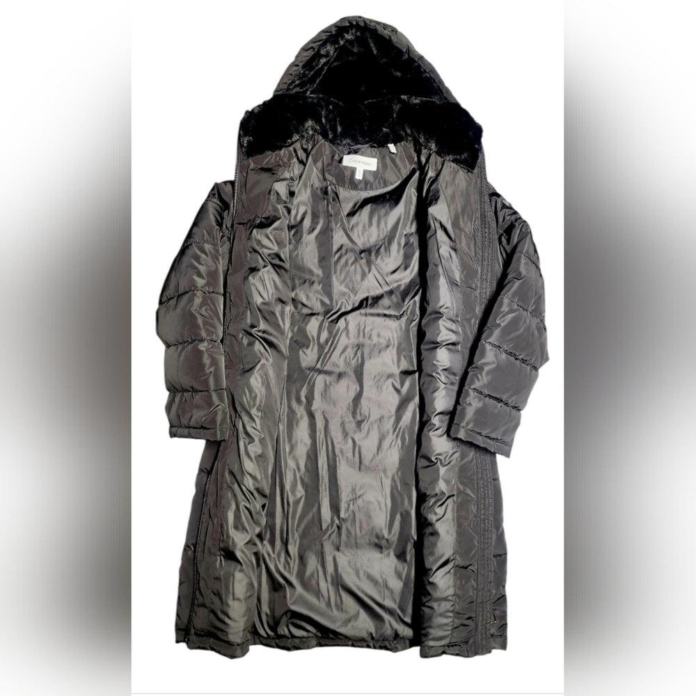 Women Calvin Klein Hooded Stand Collar Long Puffer Coat Black Medium MSRP $285 - Picture 9 of 16
